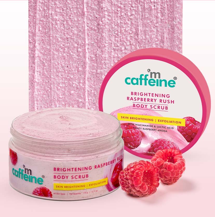 mCaffeine Brightening Raspberry Body Scrub with AHAs, Niacinamide | Vit C Rich - 175g